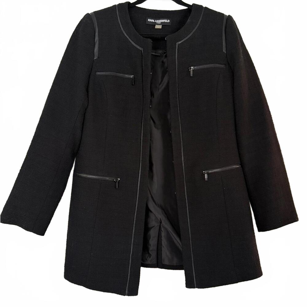 Karl Lagerfeld Paris | Black Textured Coat Faux Leather Trim | Size 10